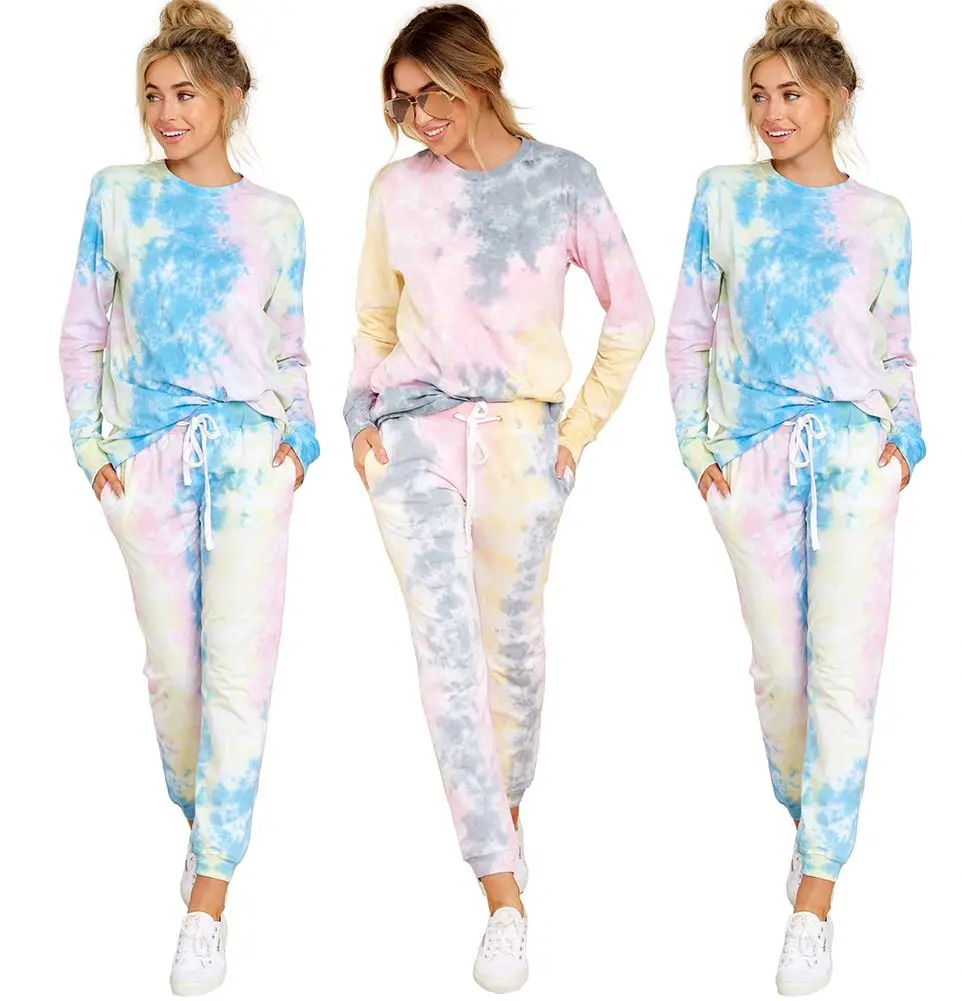 

Factory in stock long sleeve tie die 2 piece outfit two piece women sweatsuit set, As picture