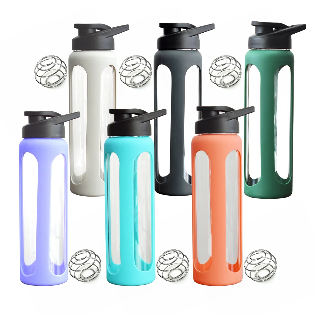 

Glass Water Bottle with Silicone Sleeve Leak Proof Flip Top Protein Shaker Bottle Reusable Wide Mouth Glass Sports Water Bottle