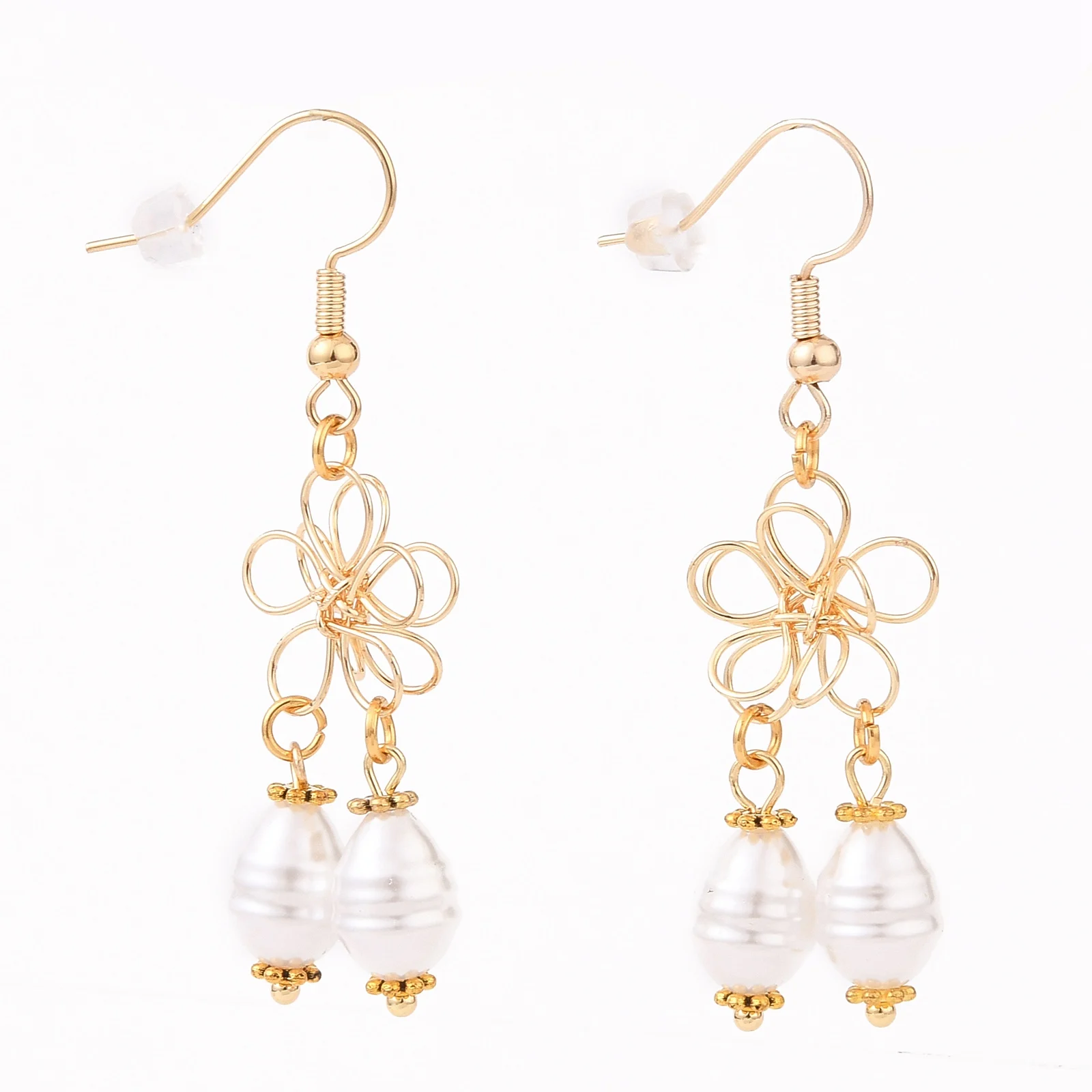 

PandaHall Teardrop with Flower ABS Pearl Beads Dangle Earrings