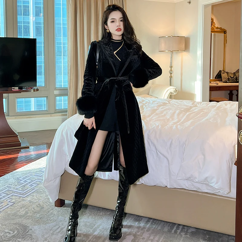 

ZYHT 6212 Winter Clothing Ladies Black Velvet Turn-down Collar Solid Color Trench Overcoat Long Coat for Women with Belt