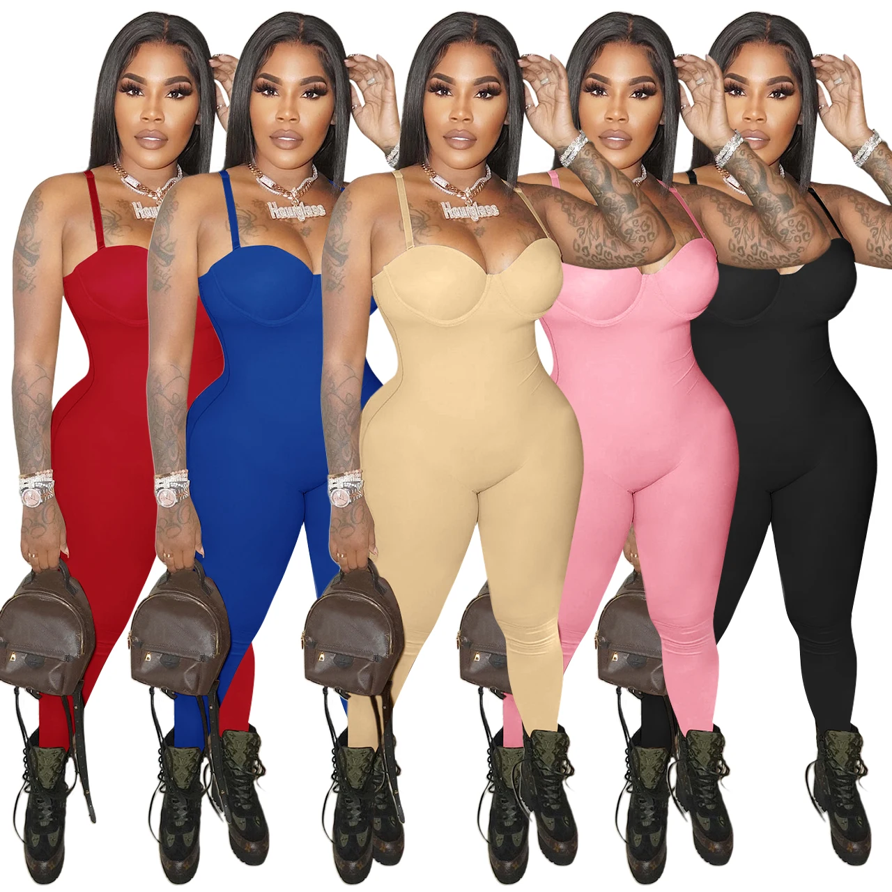 

wholesale Women clothing Amazon hot selling summer low-cut halter sexy solid color bodycon one-piece pants jumpsuit