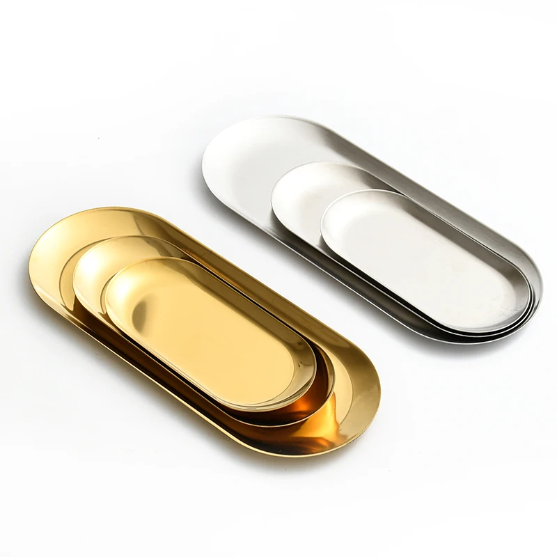 

Nordic stainless steel metal jewelry oval plate gold tray dessert steak fruit dinner plate small tray