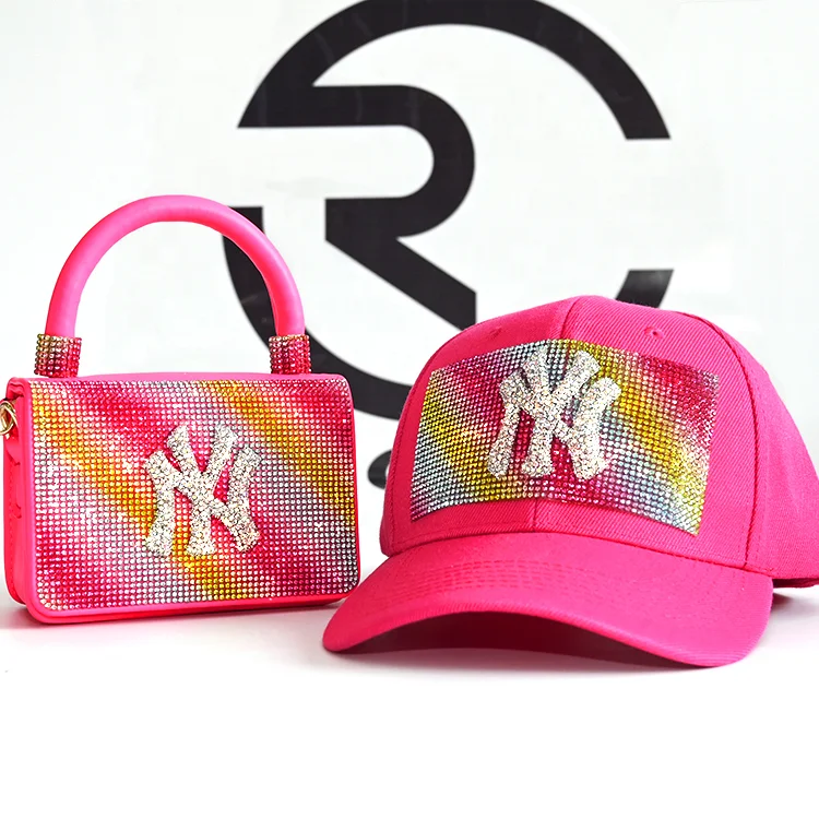 

Wholesale Fashion Mini Women New York Handbags Matching Baseball Cap Glitter Rhinestone Yankees Bag Ny Hat And Purse Set, 11 colors