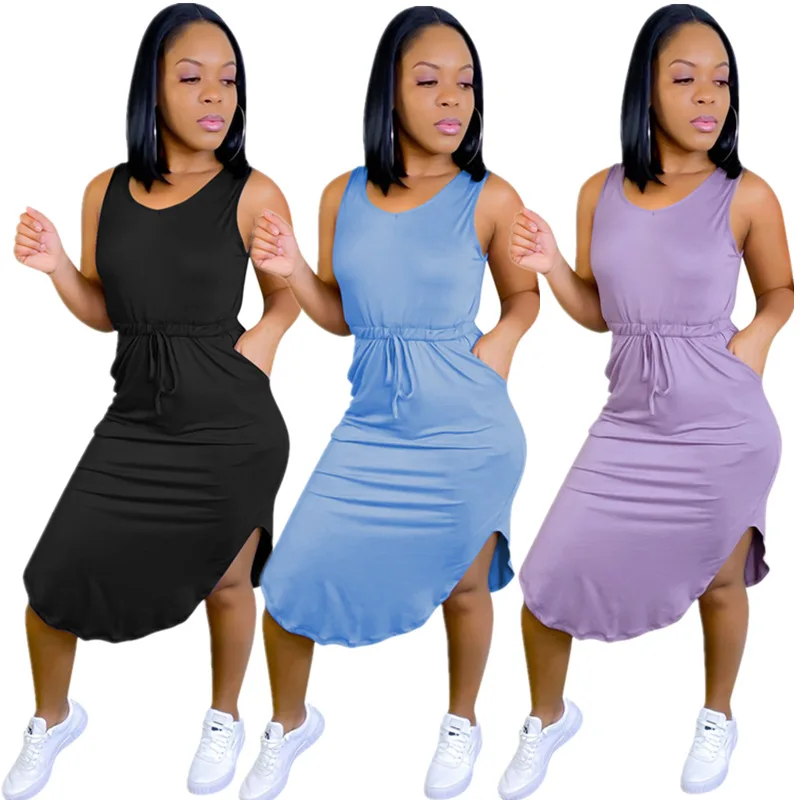 

YZ854 new arrival 2021 summer new high elastic peach collar waist solid color drawstring sleeveless split dress women