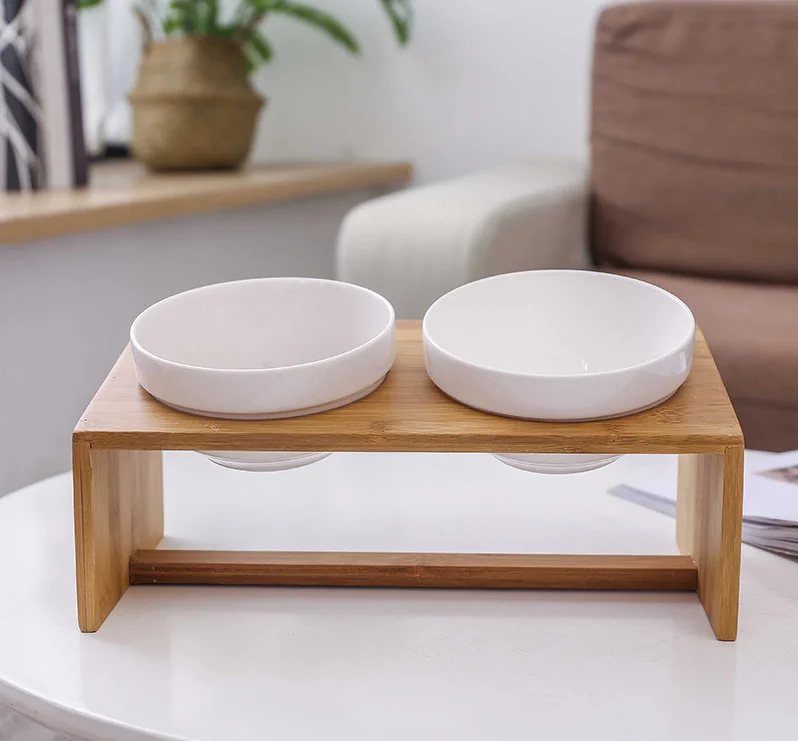 

Pets Double Bowl Dog Cat Food Water wood Feeder Stand, Natural