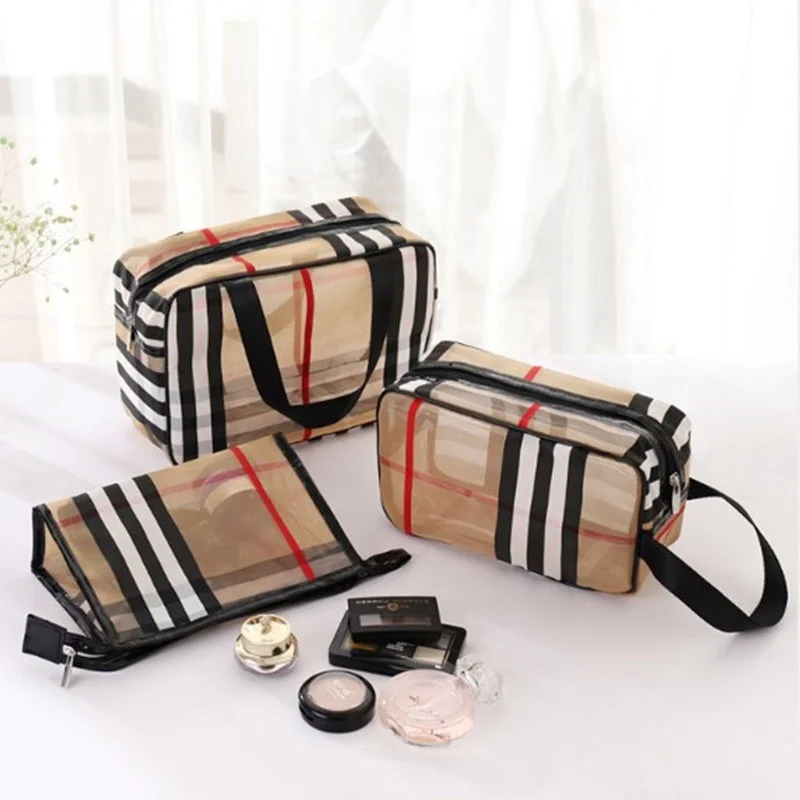 

Custom Travel Fashion Bulk Clear PVC Washing Organizer Recycled Makeup Grid Mesh Cosmetic bags & cases