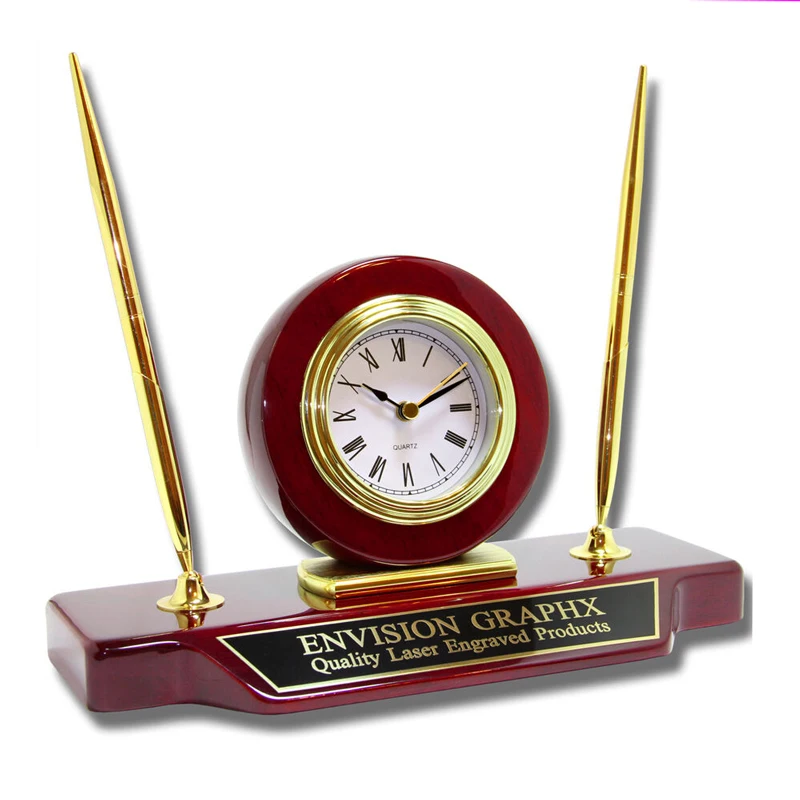 

Personalized Cherry Wood Double Pen Set Desk Clock, Black or burgundy