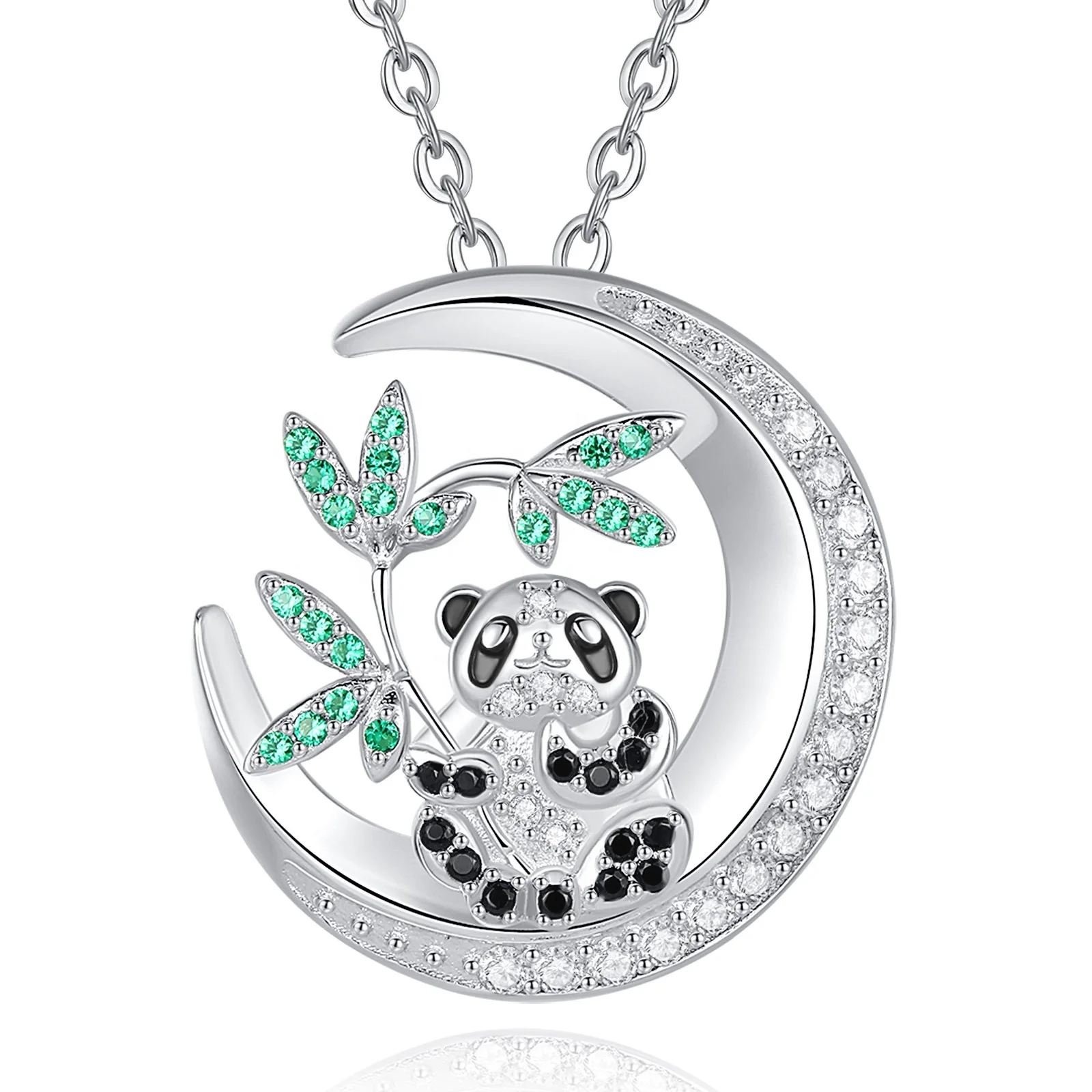 

Merryshine 925 Sterling Silver Moon Shaped Cute Panda Jewelry Pendant Necklace with Cubic Zirconia