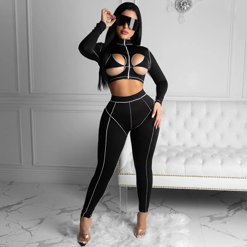 

Cut Out Sexy Two Piece Outfits For Women 2020 Patchwork Skinny Y2K Tracksuits Long Sleeve Streetwear Casual Night Club