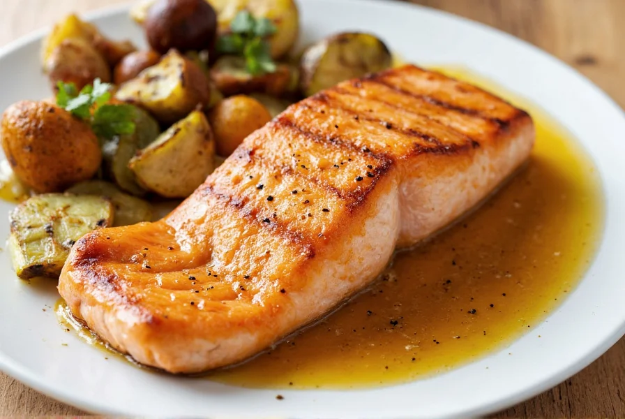 Lemon pepper sauce drizzled over grilled salmon fillet with roasted vegetables on white ceramic plate