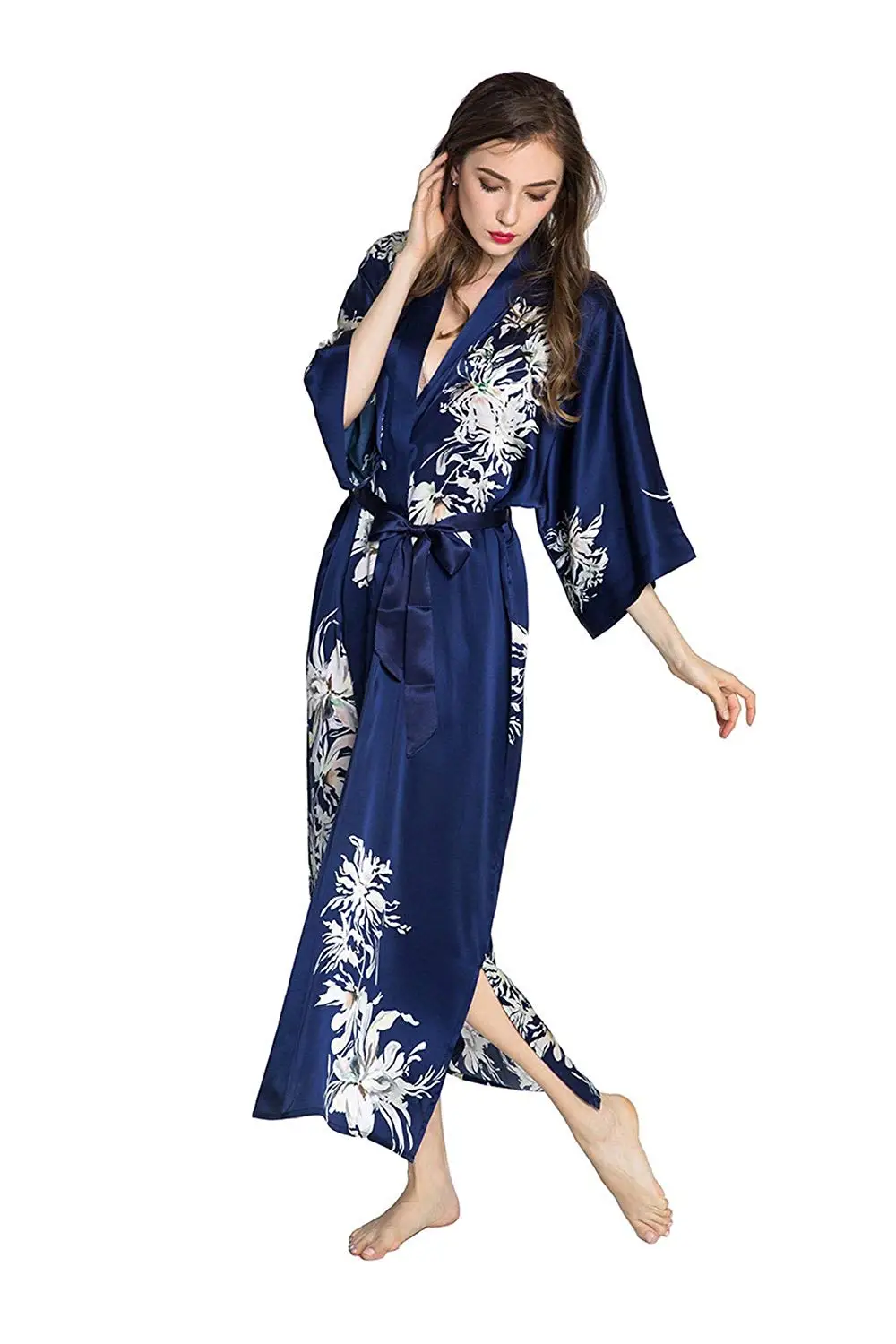 优雅的地板长度长裹身长袍定制打印长袖丝绸和服