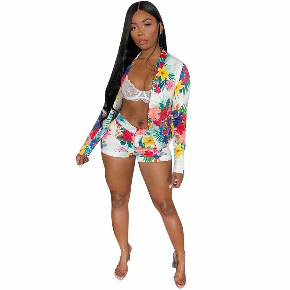 

Ladies sexy ladies print shorts two-piece suit two-piece large size elastic good long-sleeved top shorts suit