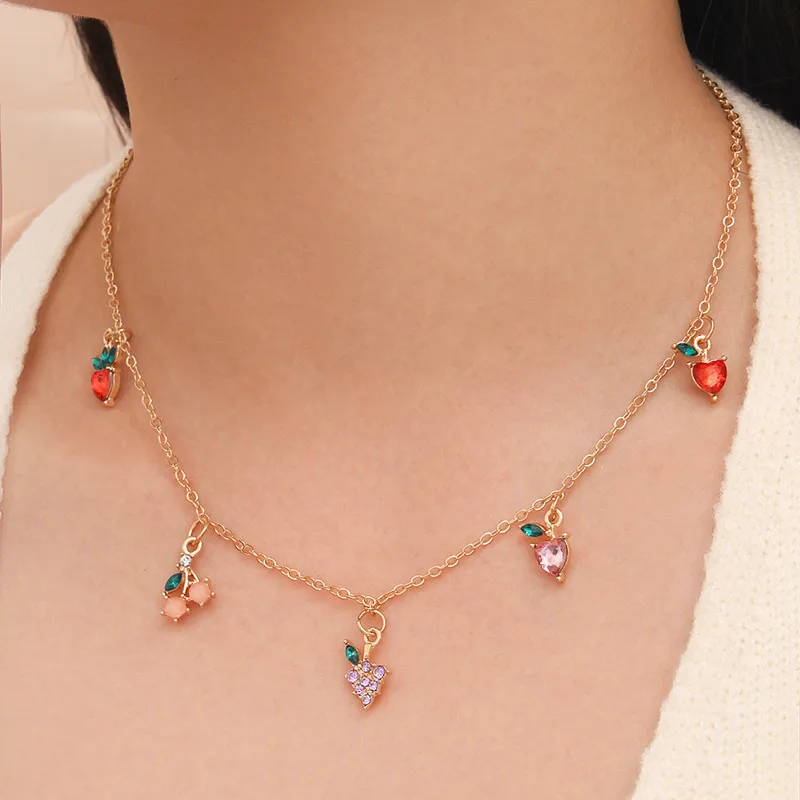 

Ins fashion gold plated choker simple cute women fruit peach strawberry cherry pendent necklace jewelry, As pictures