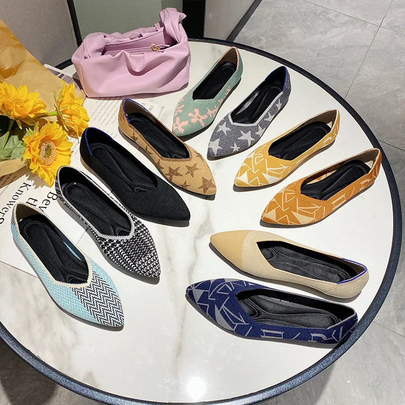 

Princess Same Shoes Women Casual Pointed Toe Ballet Comfort Soft Slip On Knit Loafers Flats Shoes, Black apricot yellow khaki light-blue gold-star grey-star green-flower