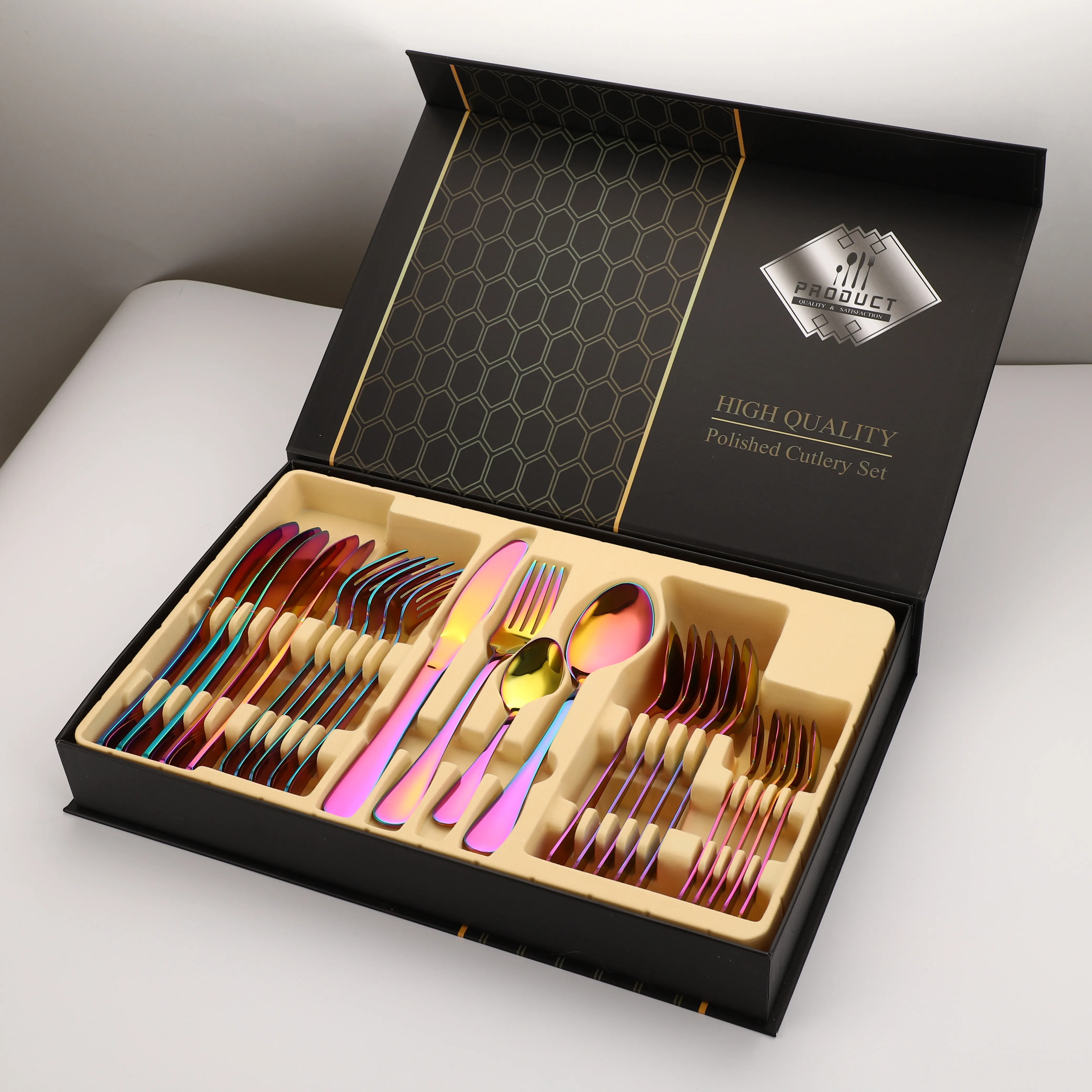 

Metal Painting Vintage Forks Knife and Spoon Set Cutlery Set of 24 and Golden Stainless Steel Flatware Sets Gift Box Mirror, Gold,black,rose gold and sliver,ect.
