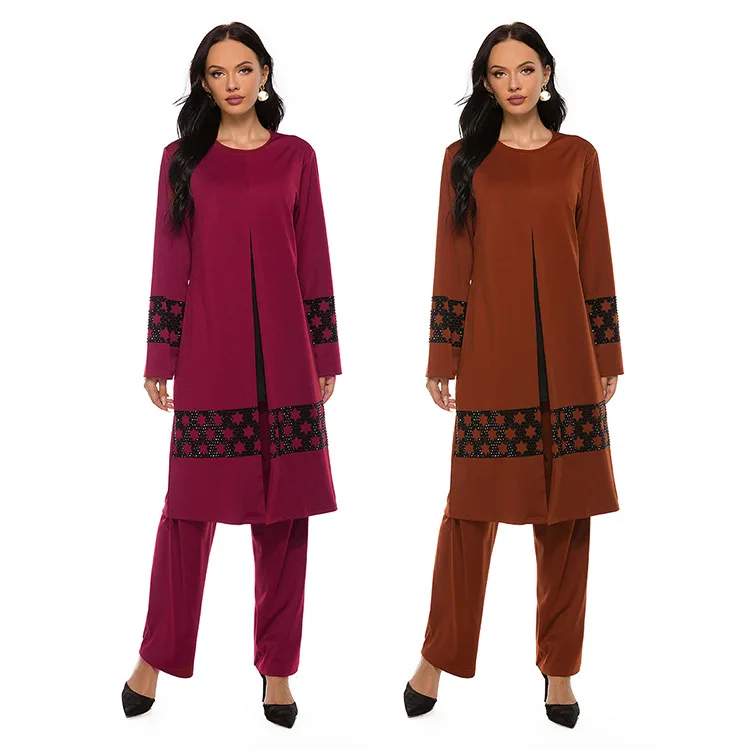 

Long Sleeve Zip Back Blouse Shirt And Pant Tunic Muslim 2 Piece Abaya Set, Customers' requirements