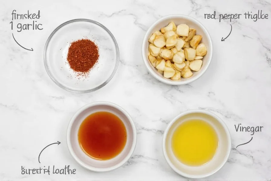 Homemade chili garlic sauce substitute ingredients: fresh garlic, red pepper flakes, and vinegar in small bowls