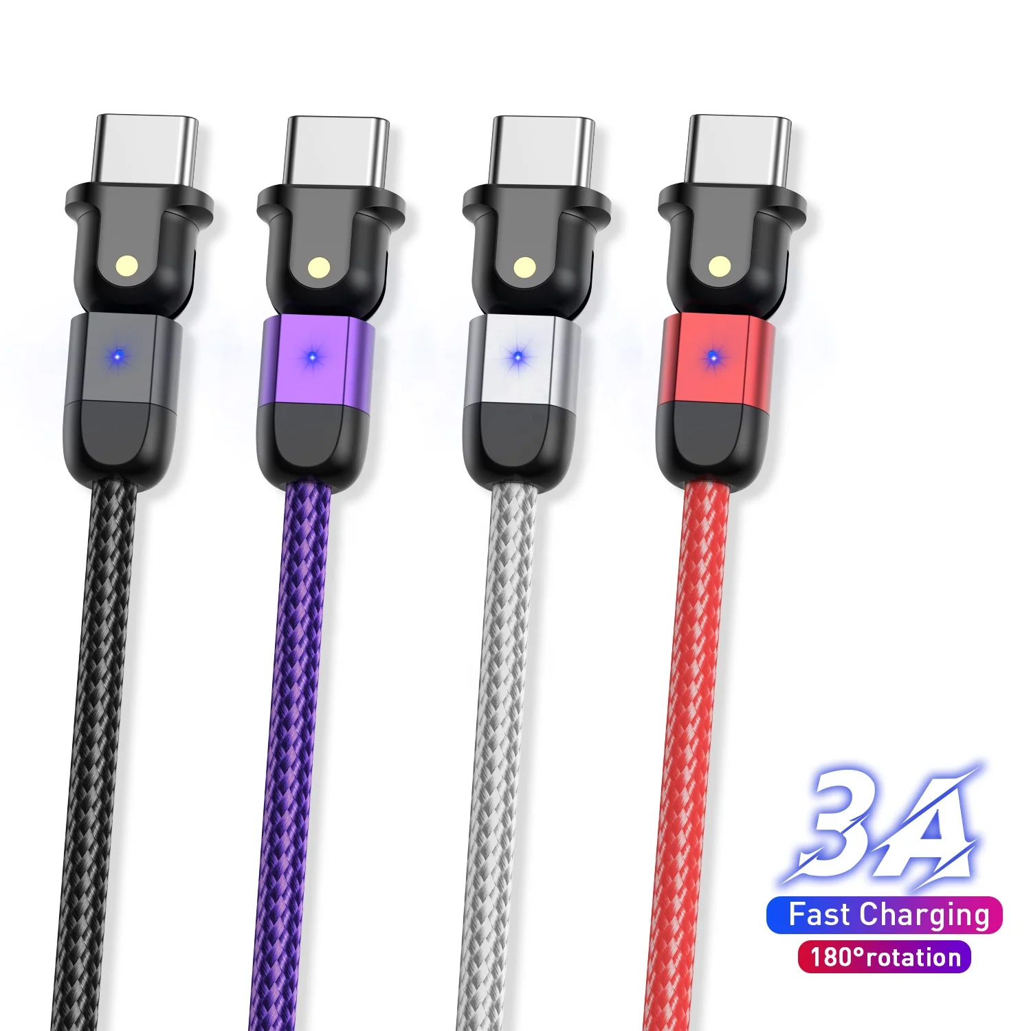 

USLION 0.5m/1m/2m New Arrival 3A Fast charge 180 degree rotation type c usb cable Charging data cable for Android phone, Black, red,silver,purple