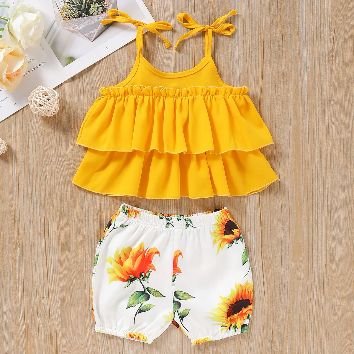 

2021 wholesale summer children's Suit Girl Ruffle vest solid shorts 2 piece set baby girl clothes, Picture