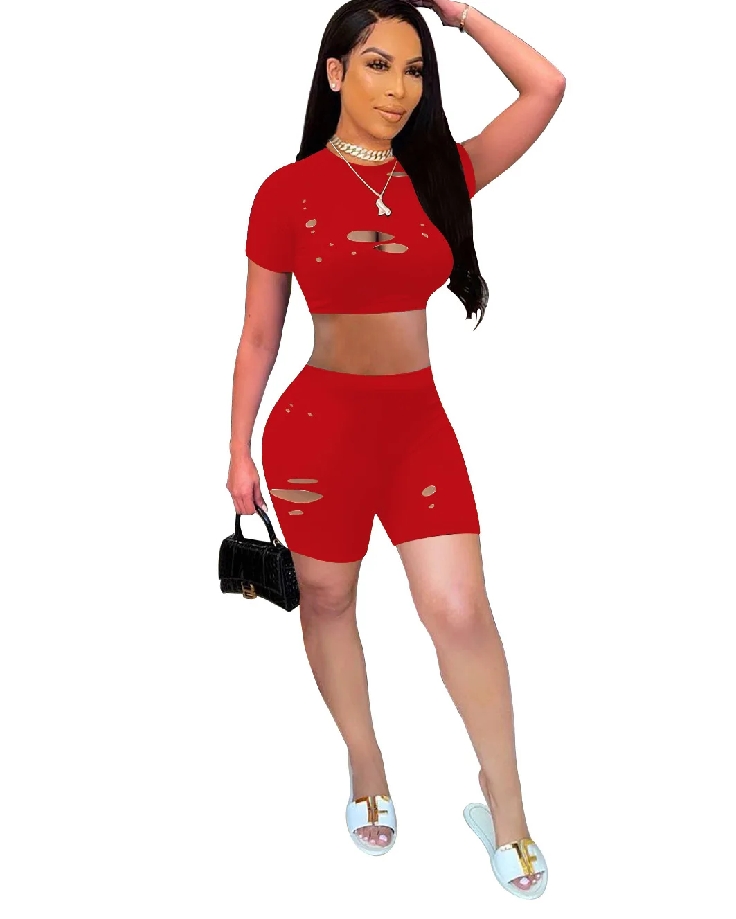 

XLL Wholesale ladies ripped knit 2 piece short pant with hollow out summer clothing outfits hole biker shorts set women