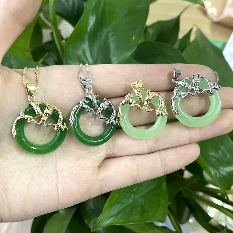 

HOT! jialin jewelry green dragon round necklace jade circle pendant necklace