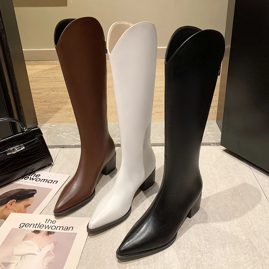 

Dropshipping women knight boots winter ladies pointed toe high heel boots PU leather knee high boots, Black, brown, white