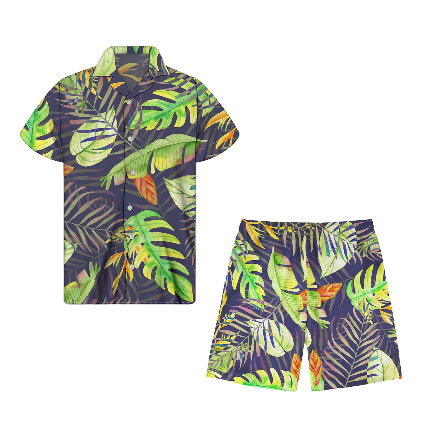 

Wholesale Custom Summer Mens Hawaiian Leaves Print Men's Shorts Suit Shirt + Shorts Suit Beach Casual Short-Sleeved 2-Piece Set, Customized color