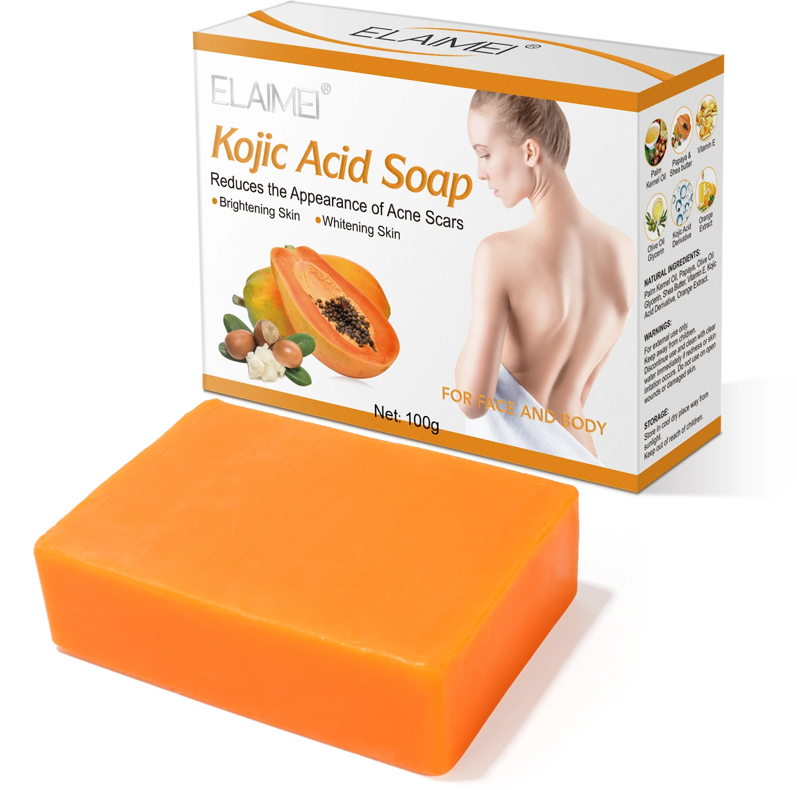 

ELAIMEI treat melasma anti-aging reduces facial acne scars vitamin E brightening whitening skin papaya organic kojic acid soap