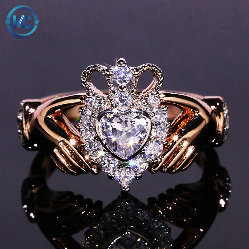 

2021 Rose Gold plated Rings For Women Hand Love Heart Crown Wedding Engagement Ring Best Friends Friendship Ring wholesale, White