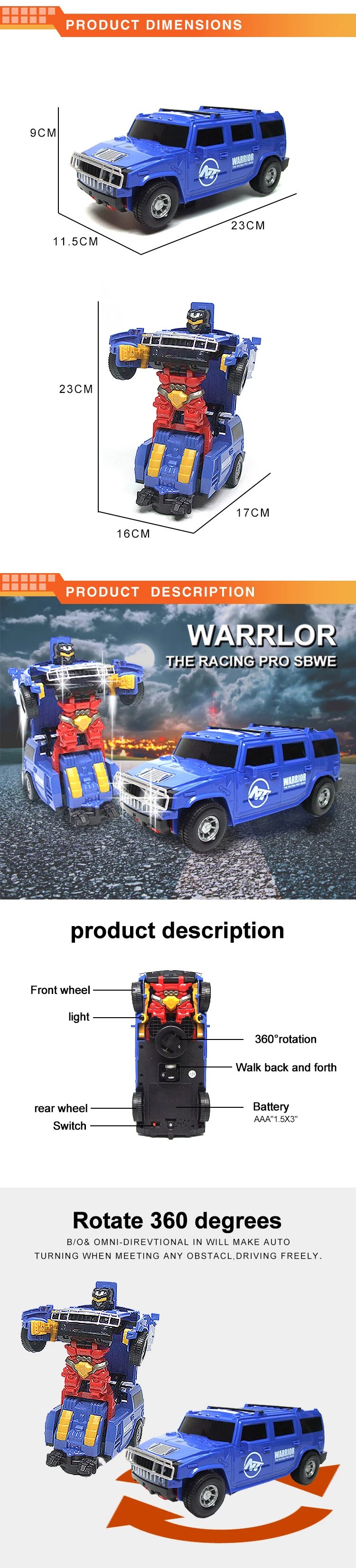 Amazon hot sale electric rotary educational toy deformation robot car with light and music