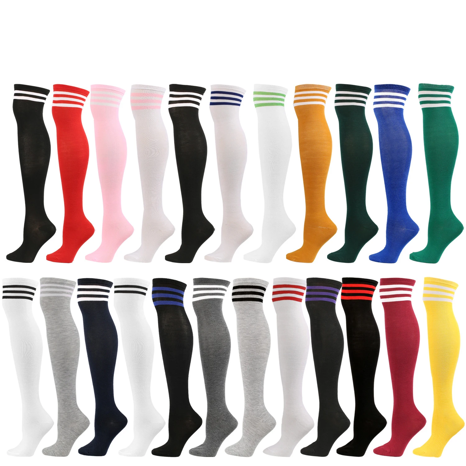 

Autumn Winter Solid Color Stripes Print 20 Colors Over Knee Long Stocking Socks Women Girls, Black gray red green 20 colors