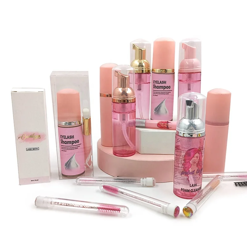 

Own Brand Eye lash Foam Cleanser With Lash Cleaning Brush Pink Bottles Set For Eyelash Extensions, White or transparent