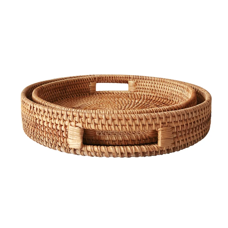 

Household reastaurant hand woven round natural rattan tray storage basket