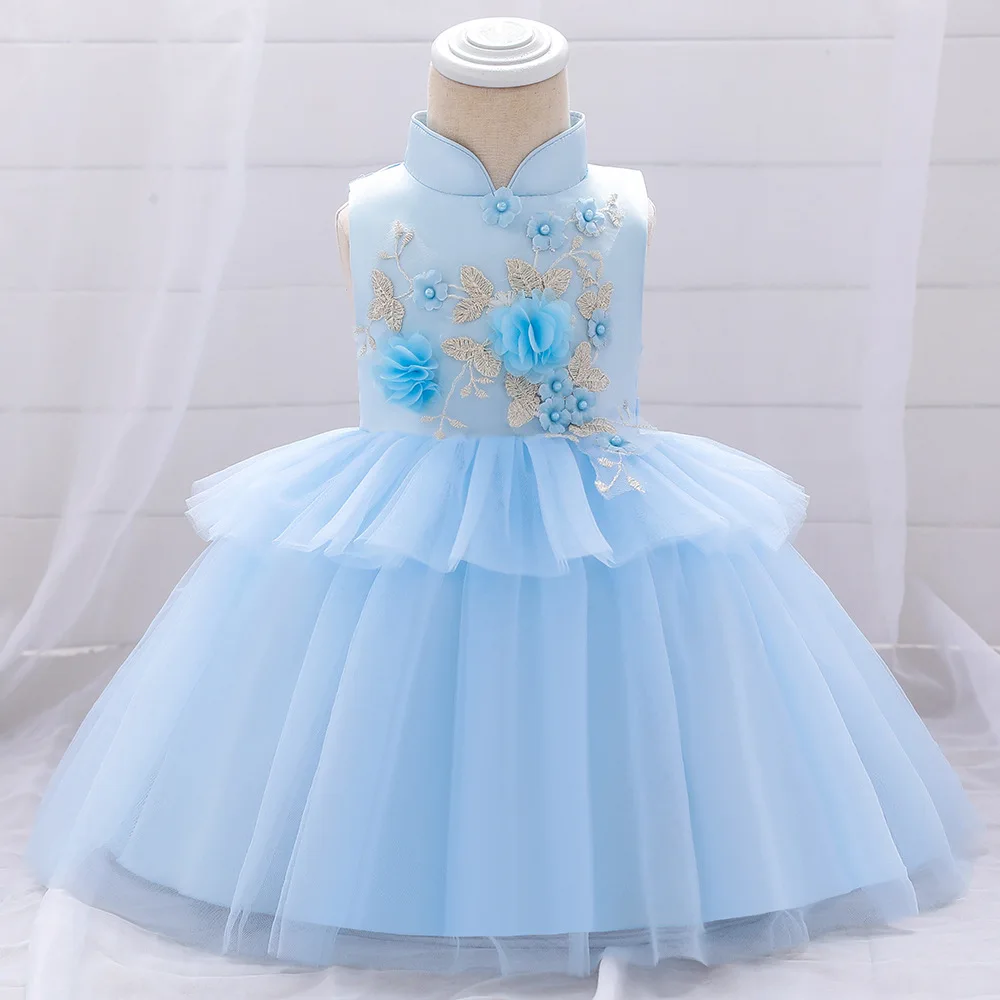 

Summer new children's clothing Chinese style embroidered round collar gauze bubble skirt princess dress