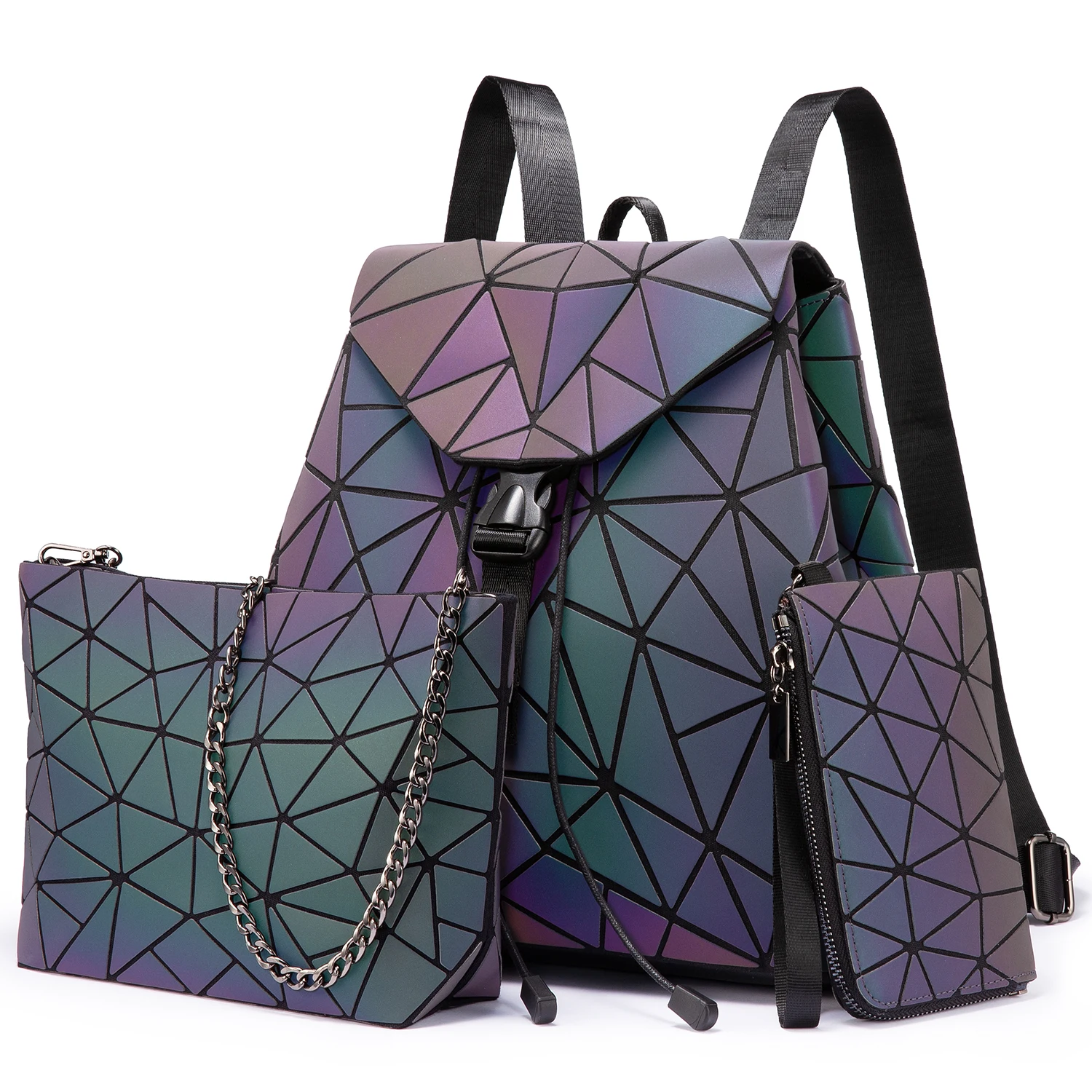 

Lovevook 2021 dropshipping women reflective back pack set crossbody bags for lady Geometric luminous women backpacks