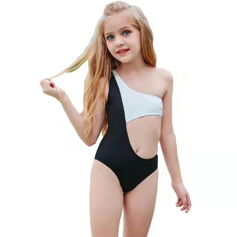

new European and American girls solid color bikini swimsuit children color crop midriff swimsuit triangle one-shoulder