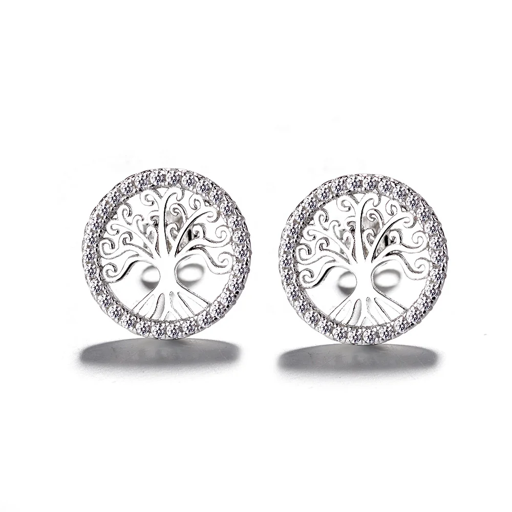 

925 silver Rainbow Cubic Zirconia CZ Crystal Tree Of Life Stud Earrings