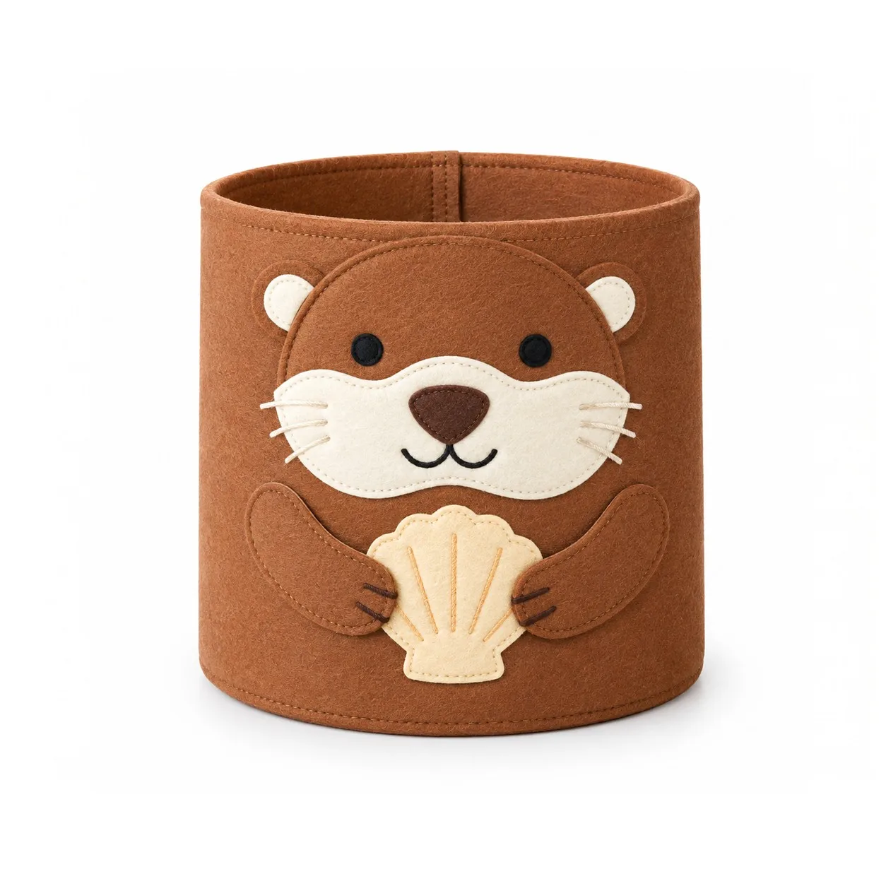 Front view of a camel felt storage basket with a stitched otter face, straight rim, even wall and level base