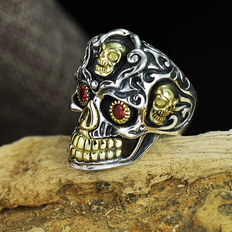 

925 Silver Jewelry Gothic Rings Inlaid Natural Garnent Stone Mens Skull Rings