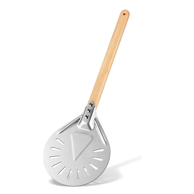 

Turning Pizza Peel Turning Pizza Peel Perforated 8inch Round Aluminum Pizza Peel with Oval Shape Detachable Wooden Handle, As shown