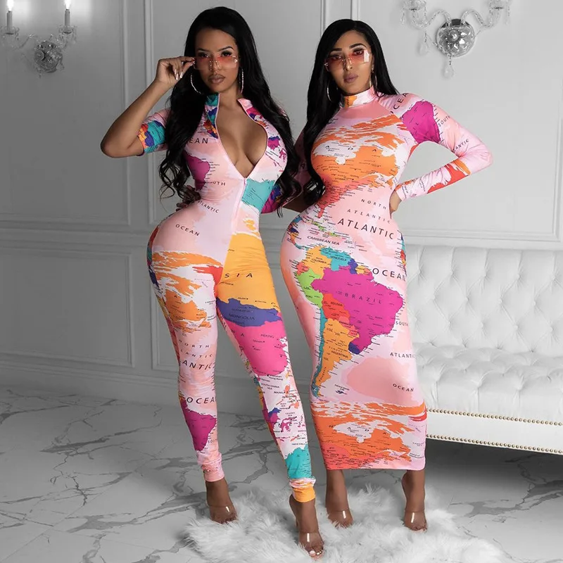 

2021 New Fashion Streetwear Women Short Sleeve Bodycon Zipper Map Print Jumpsuit