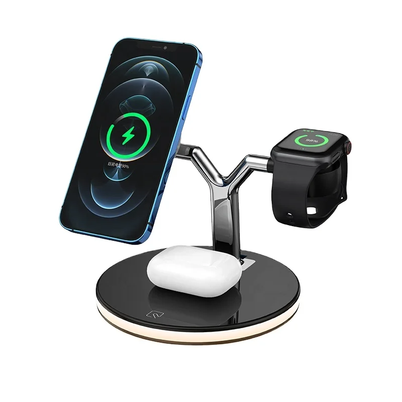 

High quality 2021 qi fast charging station 15W 3in1 magnetic table wireless charger with lamp -HL5227, Black / white