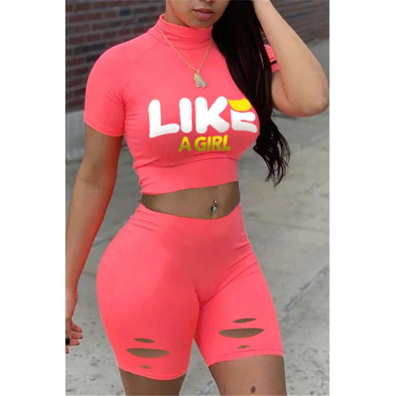 

2021 New Arrival Summer Women Outfit Solid Color Letter Short Sleeve Women Casual Two Piece Biker Short Set