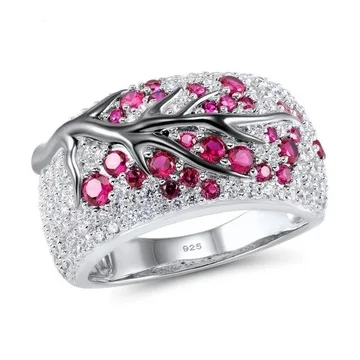 

Silver Ring for Women Genuine Pink Cherry Tree Cubic Zirconia Ladies Delicate Fashion Jewelry, 3 colors