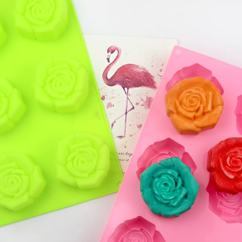 

7057 factory free sample 6 hole rose flower shape silicone cake mold, silicone candle molds, soap making molds, Pink