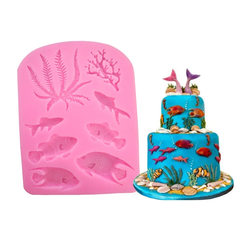 

3D funny ocean seaweed fish coral shape cake decoration fondant silicone resin molds, Pink