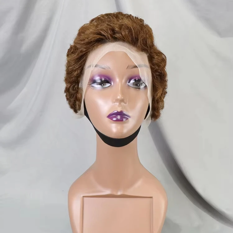 Brown Color Pixie Wave 13x4 Lace Frontal Wig Full Density 100% Human Hair Curly Short Pixie Cut Wig