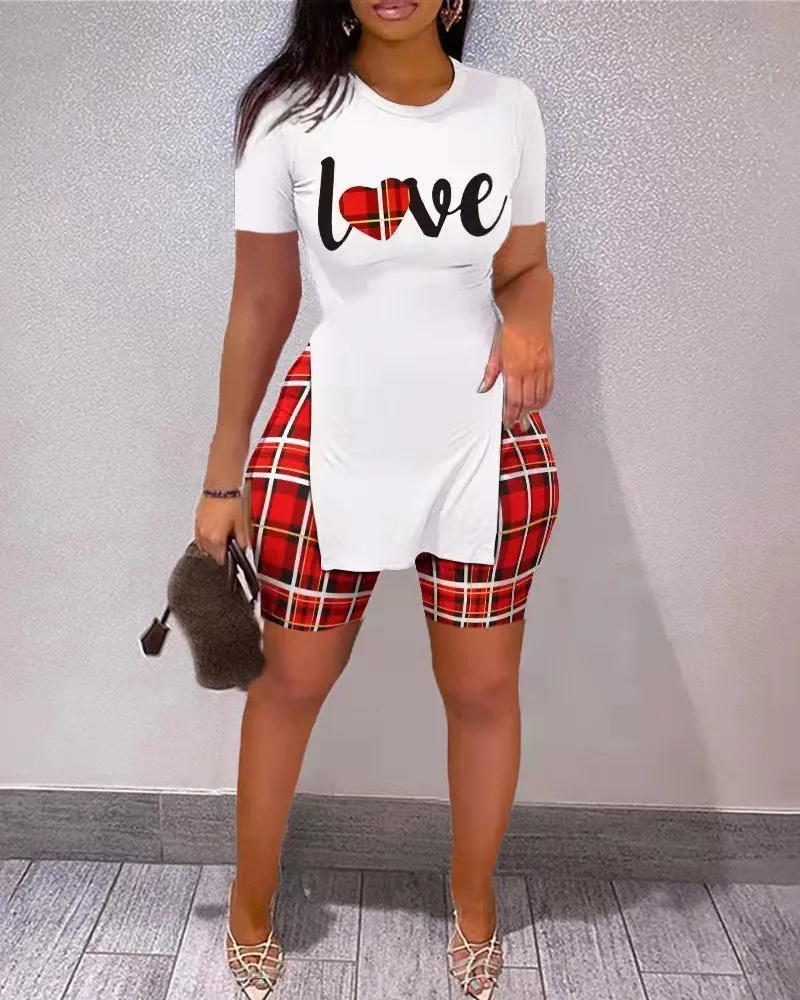 

Summer Clothes Valentines Day 2022 Women Lovely Outfits 2 Piece Split Shirt And Plaid Shorts Set Two Piece Pants Set, 6 colors
