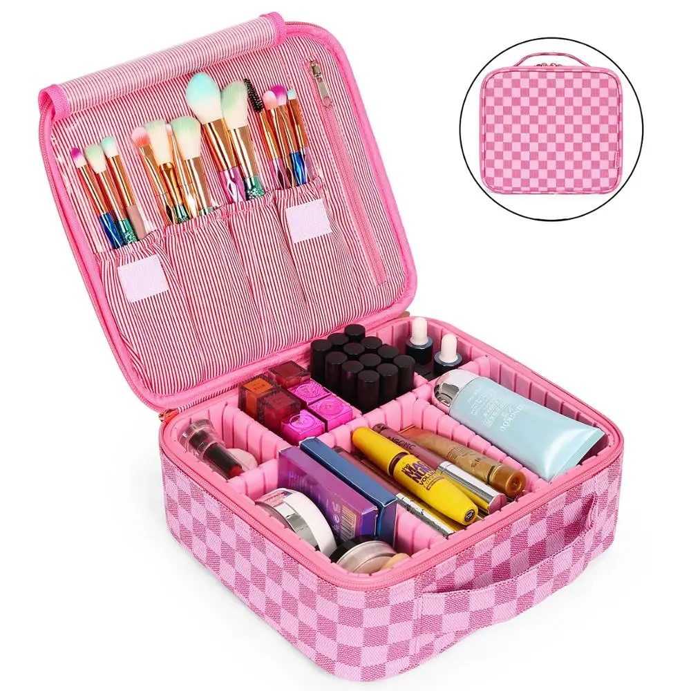 

Women Nylon Cute Makeup Case Large Professional Cosmetic Train Case Organizer with Adjustable Dividers for Make Up Tools, Gold, sliver, etc