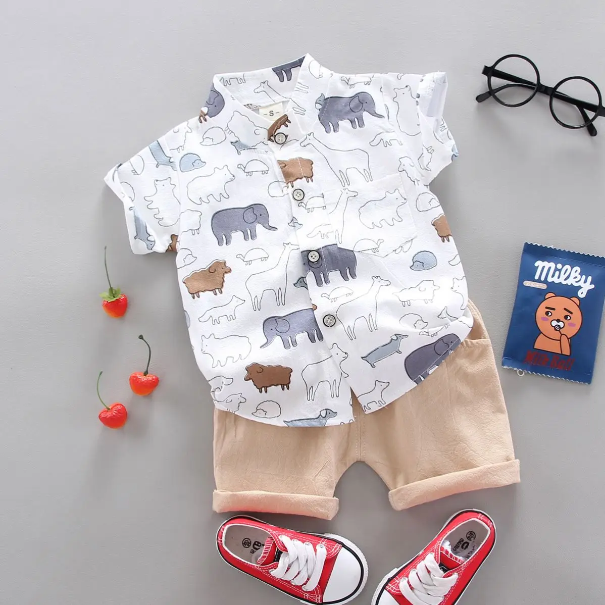 

lyc-2821 Boy's Clothing Sets Baby Boy Clothes Cartoon Elephant Printing T shirt + Shorts 2 Piece Outfits Summer Kids Clothes Set, 4 colors